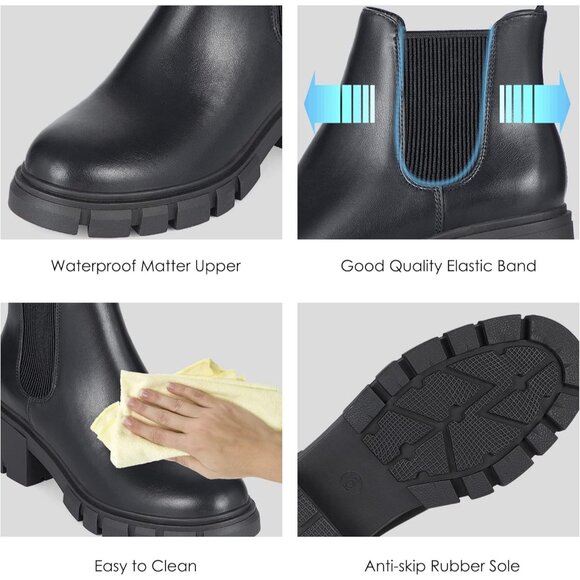 Women's Chelsea Boots Fashion Lug Sole Chunky Heel Slip on Ankle Booties Black - Picture 4 of 6